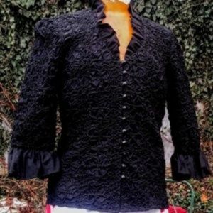 Go SILK Black Ruffle-Sleeve Gathered Poplin jacket or blouse szM